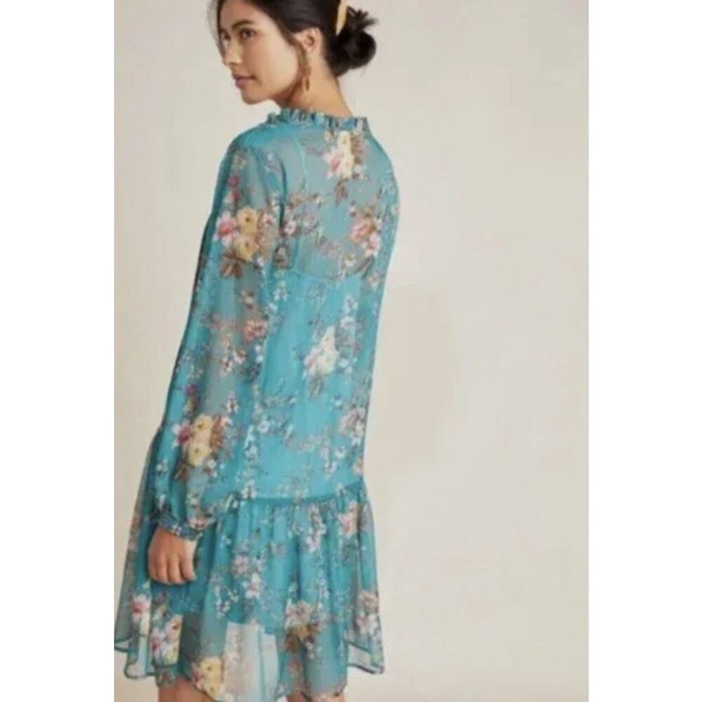 Anthropologie Maeve Emmy Floral Tunic Long Sleeve Sheer Dress Teal Size Small - Picture 4 of 12